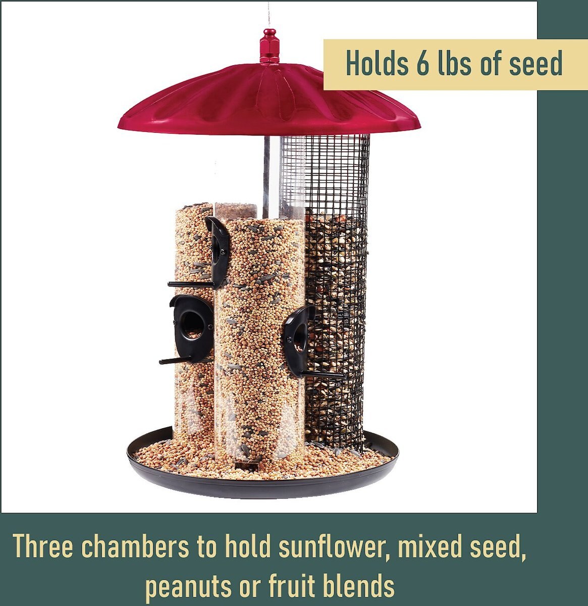 North States Crimson Triple Tube Bird Feeder， Red