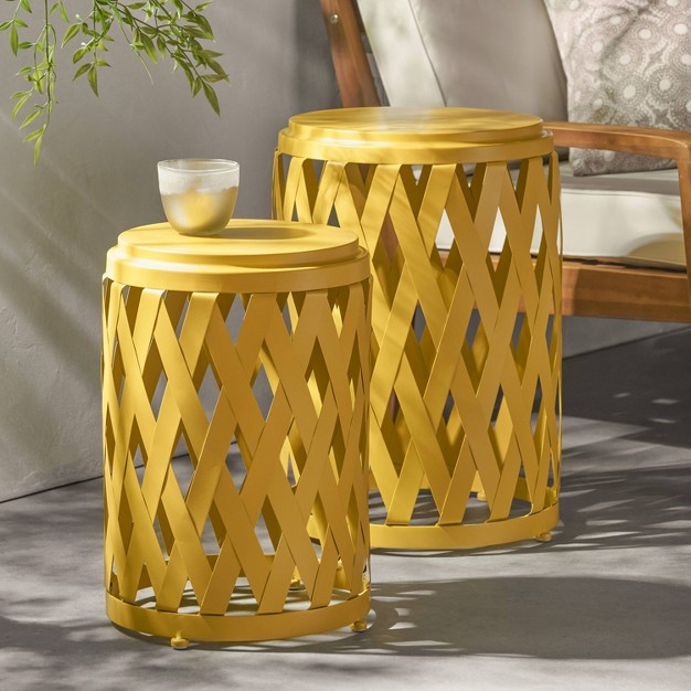 2pc Selen Outdoor Patio Iron Side Table Set Yellow Christopher Knight Home Lightweight Stackable Weather resistant Hand crafted Details