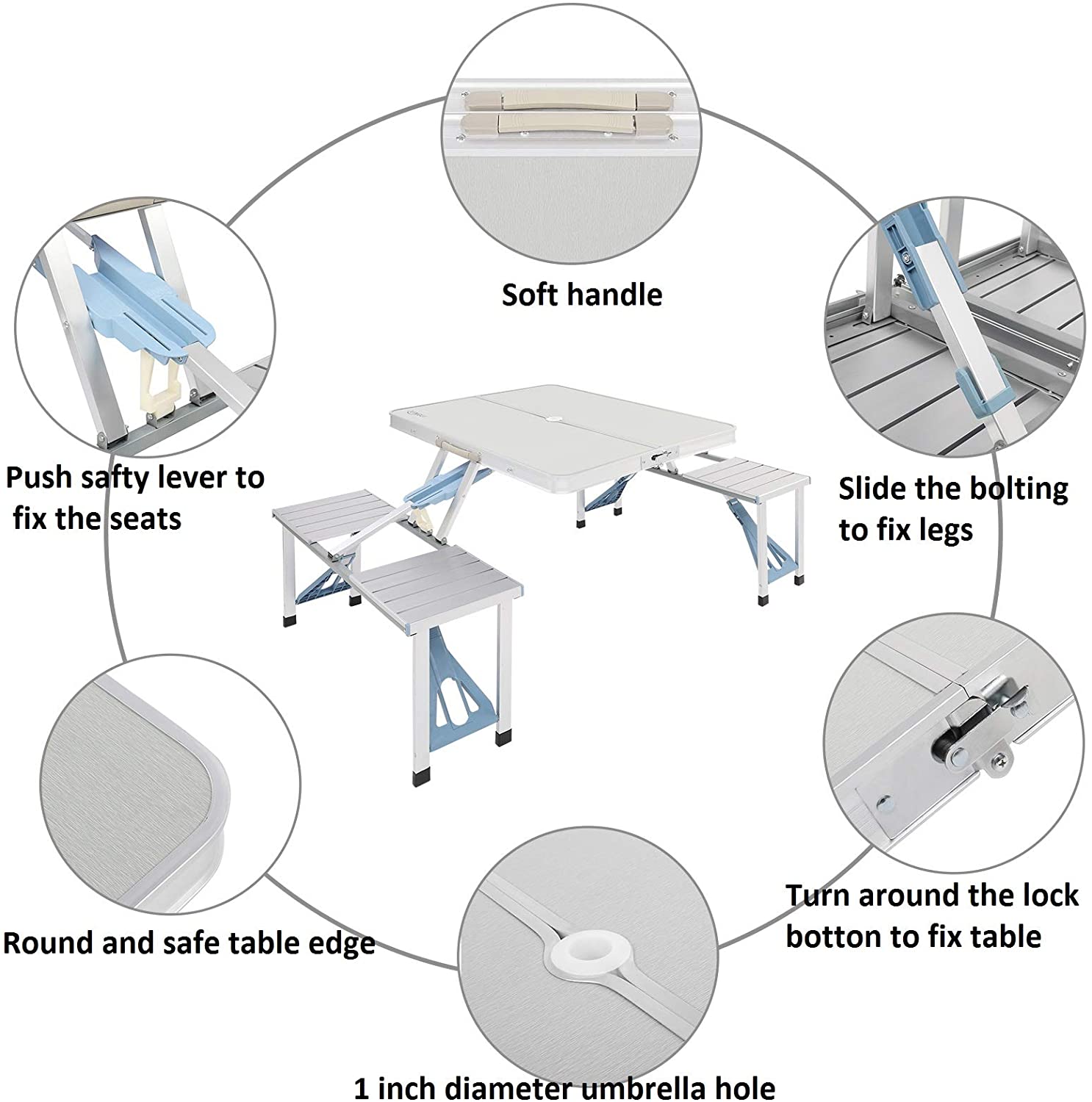 Folding Camping Picnic Table with 4 Seats with Patio Umbrella Hole， Portable Table Aluminum Alloy Frame with Soft Handle for Barbecue， Travel， Outing， Gathering