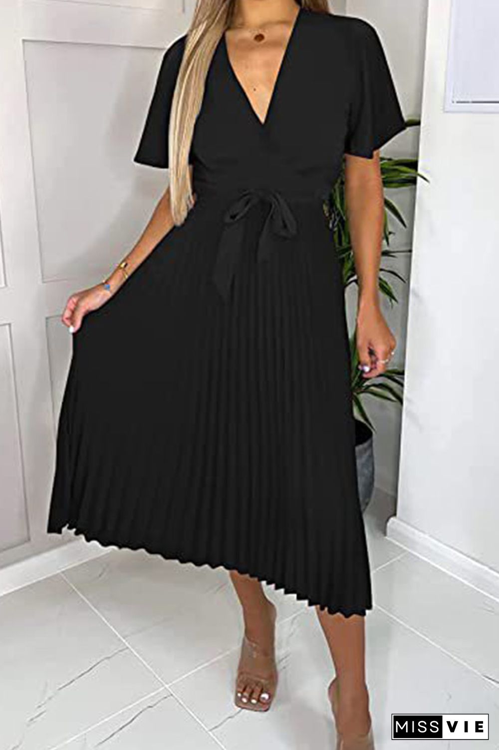 Plain V Neck Flare Sleeves Pleated Midi Dress