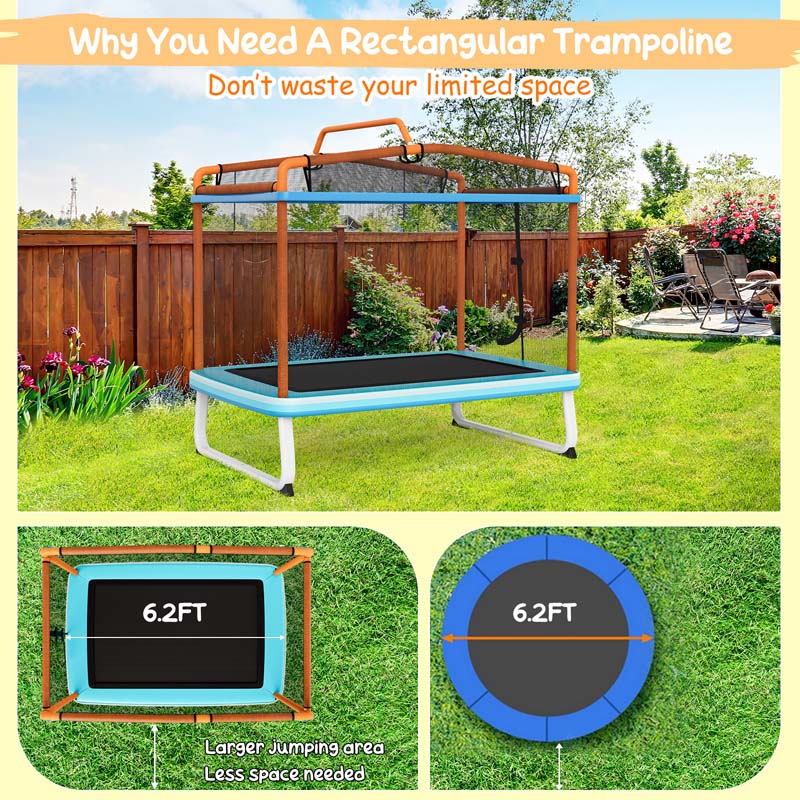 3-in-1 6Ft Rectangle Kids Trampoline with Swing & Horizontal Bar, ASTM Approved Small Trampoline w/Safety Net