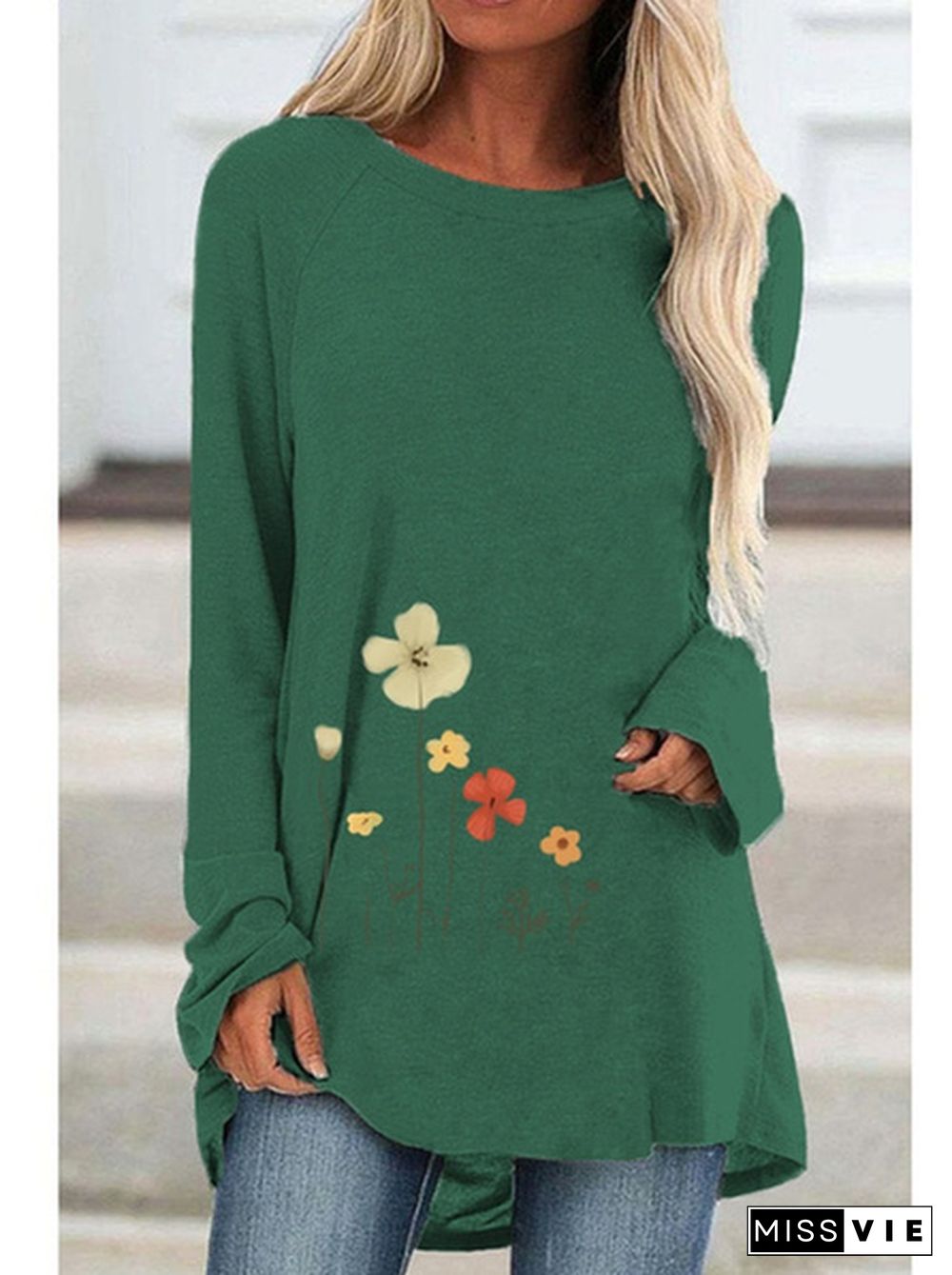 Spring and Autumn Plus Size Fashion Women Clothing Flowers Printed Casual T-shirt Ladies Long Sleeve Round Neck Pullover Tops