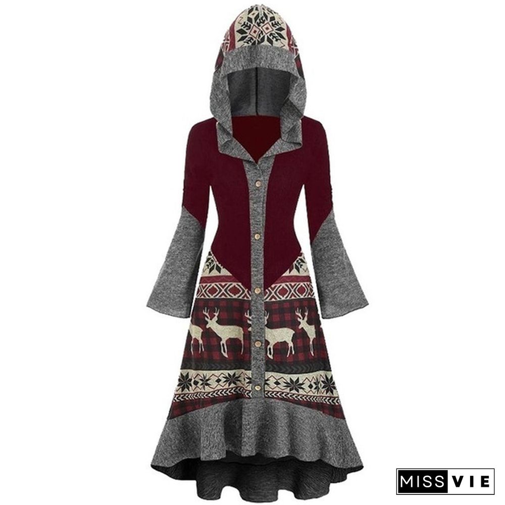 Womens Fashion Christmas Elk Printing Dress Long Section Hooded Ruffled Hem Cloak Knitted Dress Plus Size XS-5XL