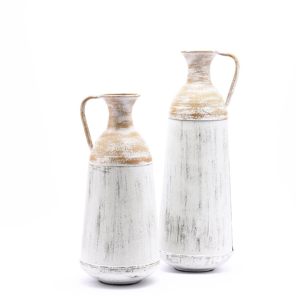 Distressed Off White and Rustic Brown Metal Pitcher Vase (Set of 2)