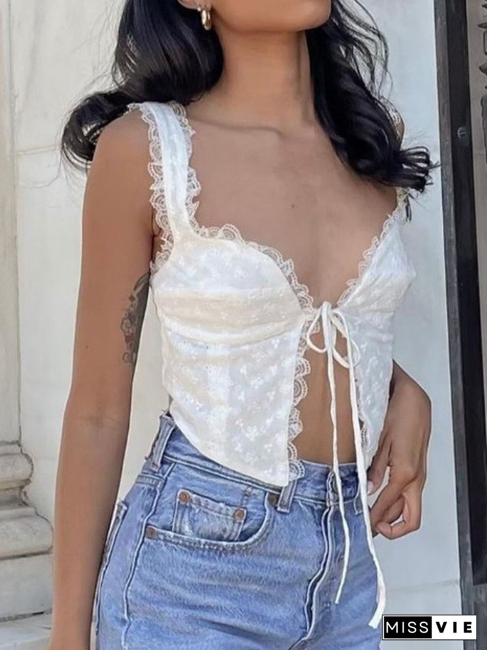 White Tie Front Lace Cropped Tank Top