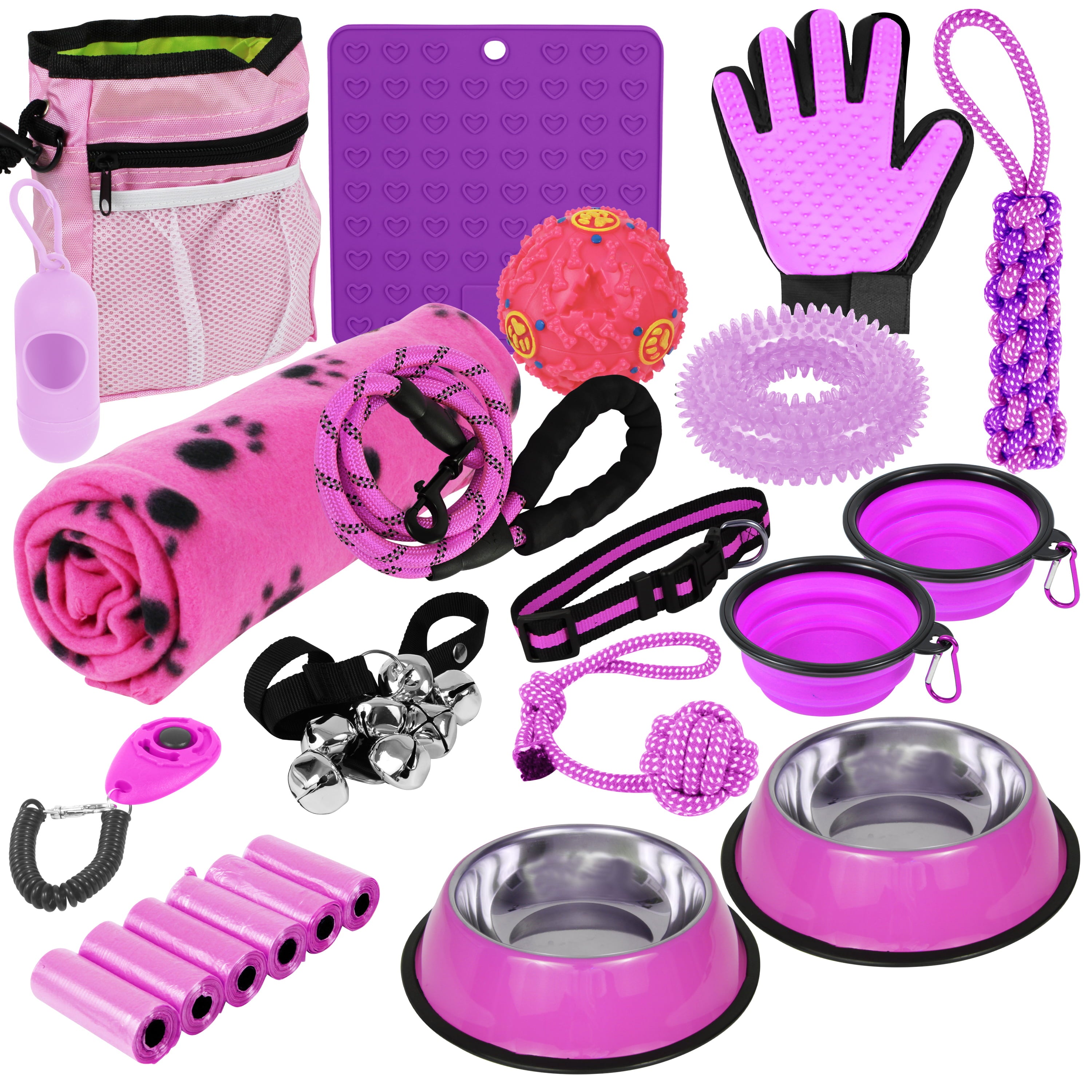 SETONWARE Puppy Starter Kit， Dog Toys， Dog Bed Blankets， Puppy Dog Grooming Tool， Training， Toys， Training Bells Dog Leashes Accessories for Dogs Gift for New Puppies Pink 23 Pieces