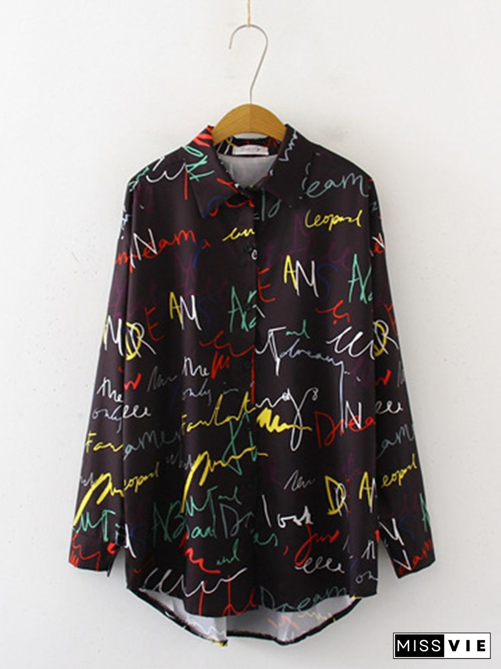 Graffiti Print Blouse Women Autumn Turn-down Collar Long Sleeve Plus Size Office Elegant Ladies Shirts Casual Tops And Blouses