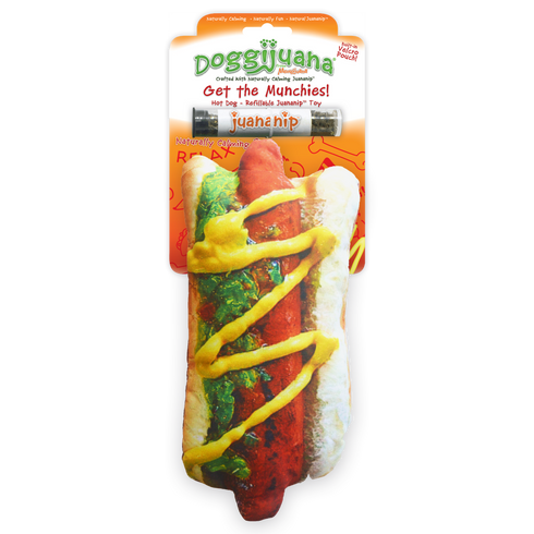 Doggijuana Get The Munchies! Hot Dog Dog Toy with Refillable Juananip