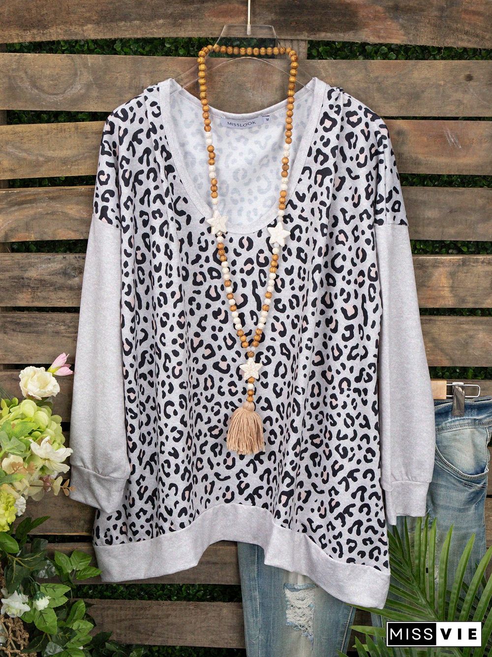 Casual Long Sleeve Color-Block Leopard T-shirt