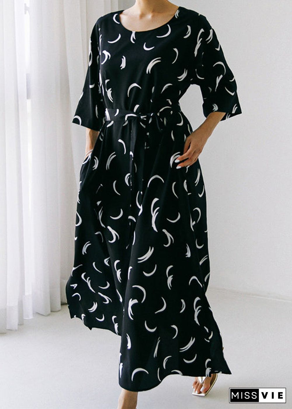 Black O-Neck Bow Tie Waist Silk Maxi Dress Long Sleev