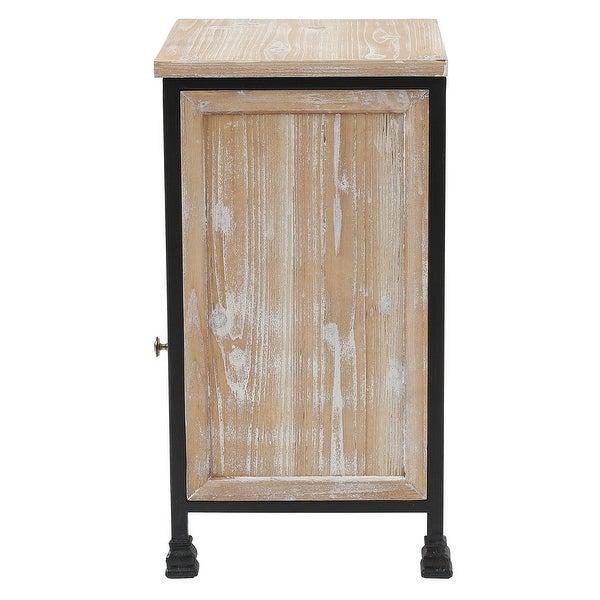 Black Metal Frame and Carved Wood 1-Door 1-Drawer End Table with Storage - 25.875