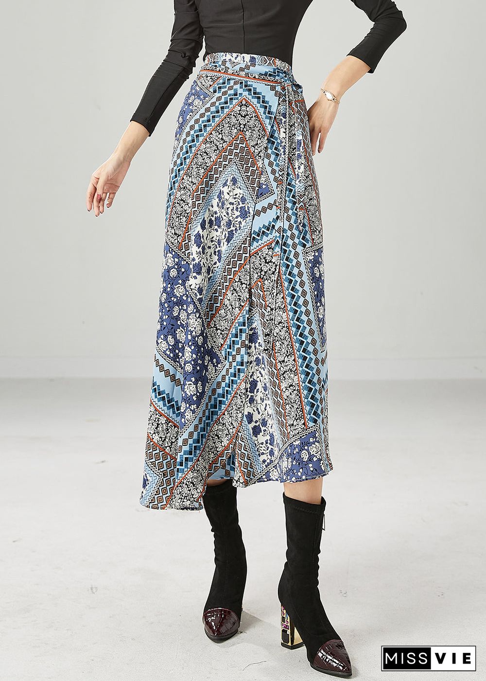 Style Blue Print Asymmetrical Design Chiffon Skirt Summer