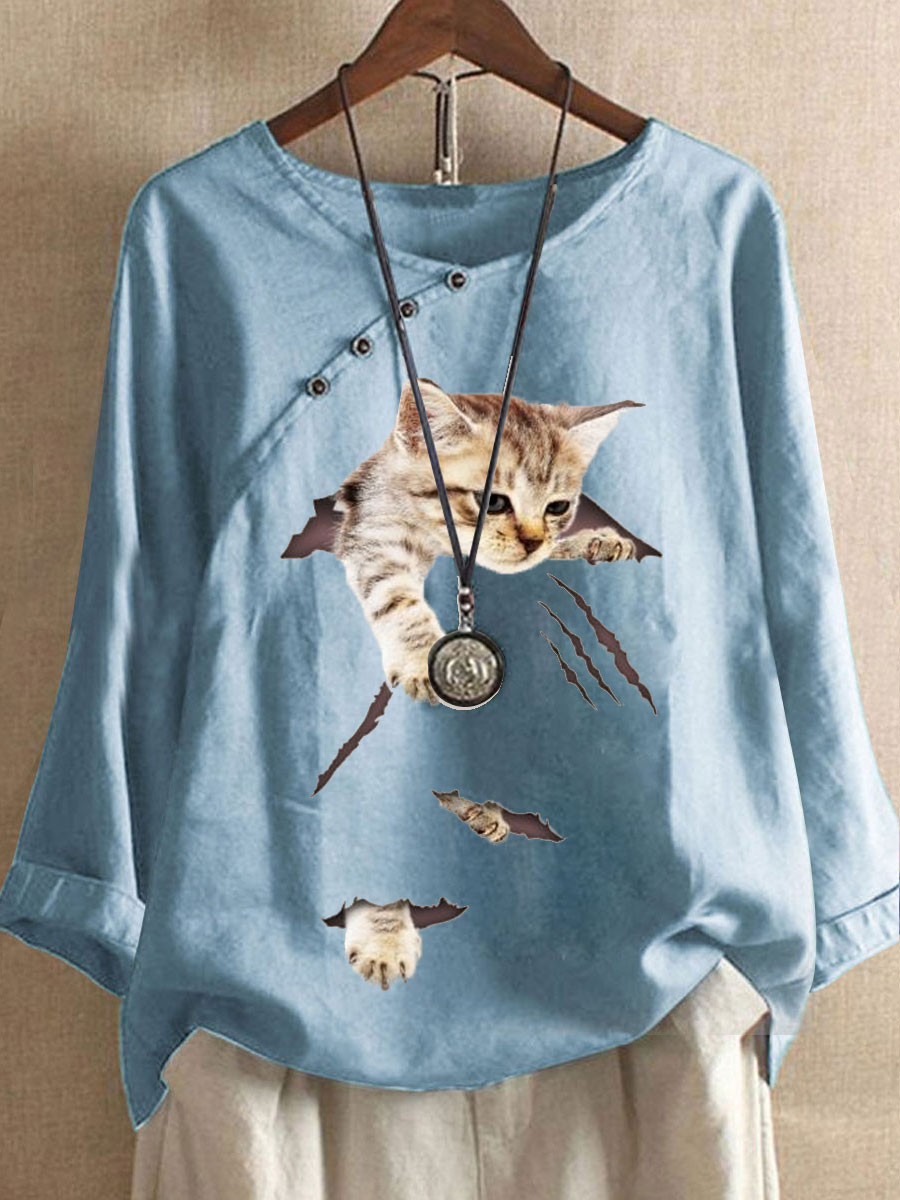 Round Neck Casual Loose Cat Print Long Sleeve Blouse