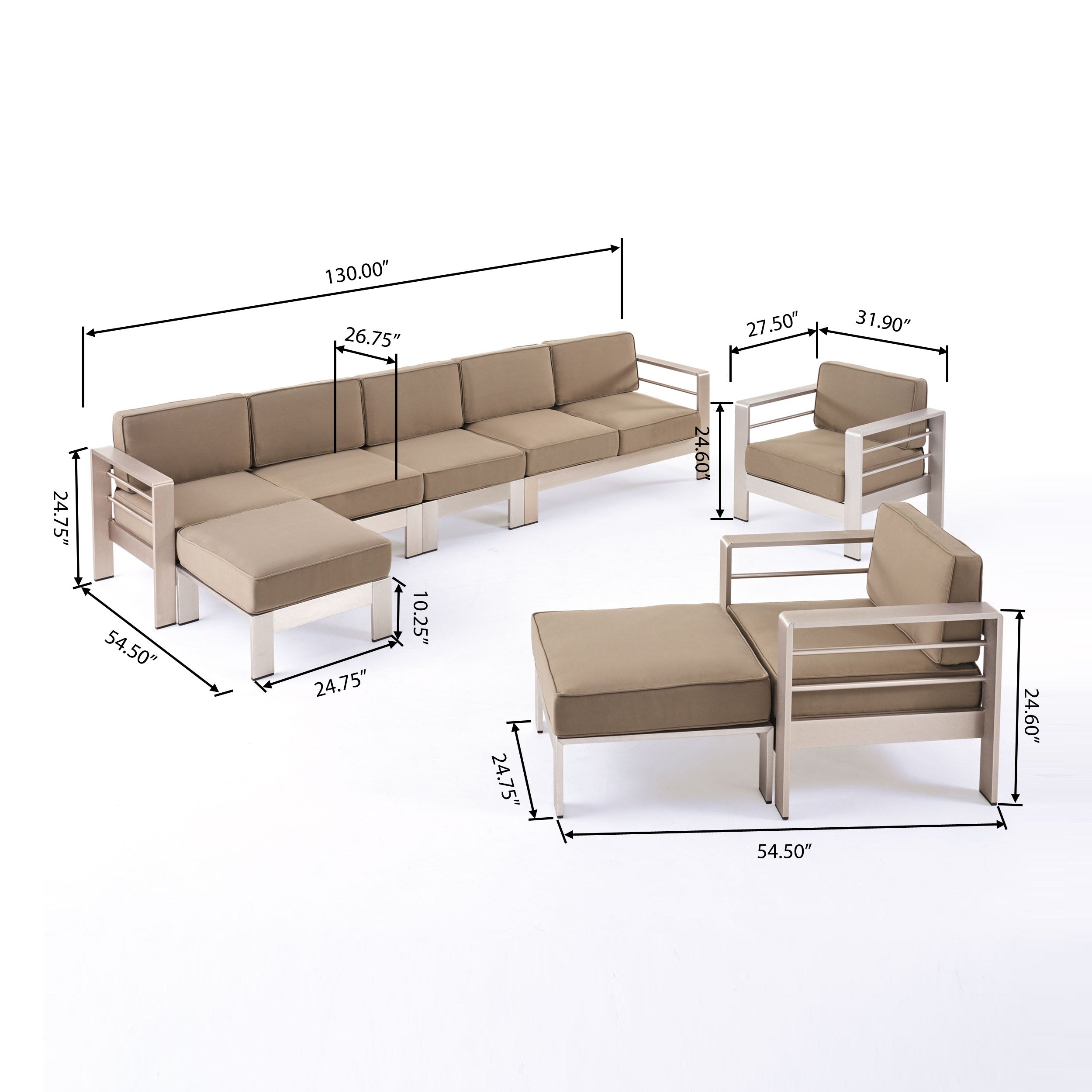 Danae Outdoor Modern 7 Seater Aluminum Chat Set with Ottomans, Silver and Khaki