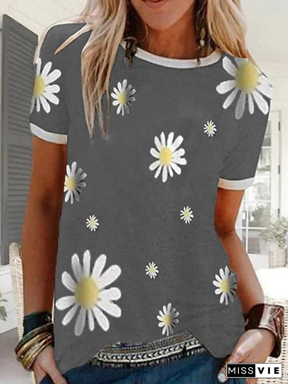 Women's T-shirt Floral Graphic Prints Flower Round Neck Tops Basic Top Black Blue Red