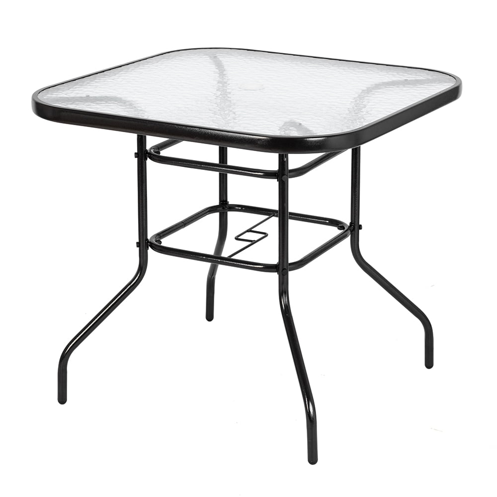 VINGLI 32 Outdoor Dining Table with Umbrella Hole Coffee Side Table, Square Tempered Glass Bistro Table Steel Frame, Outside Banquet Furniture for Balcony Garden Deck Lawn