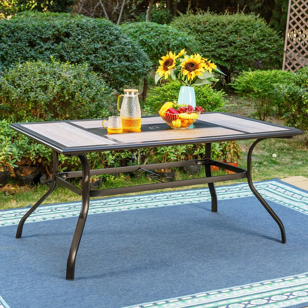 Patio Dining Table with Umbrella Hole and Wood Look Table Top