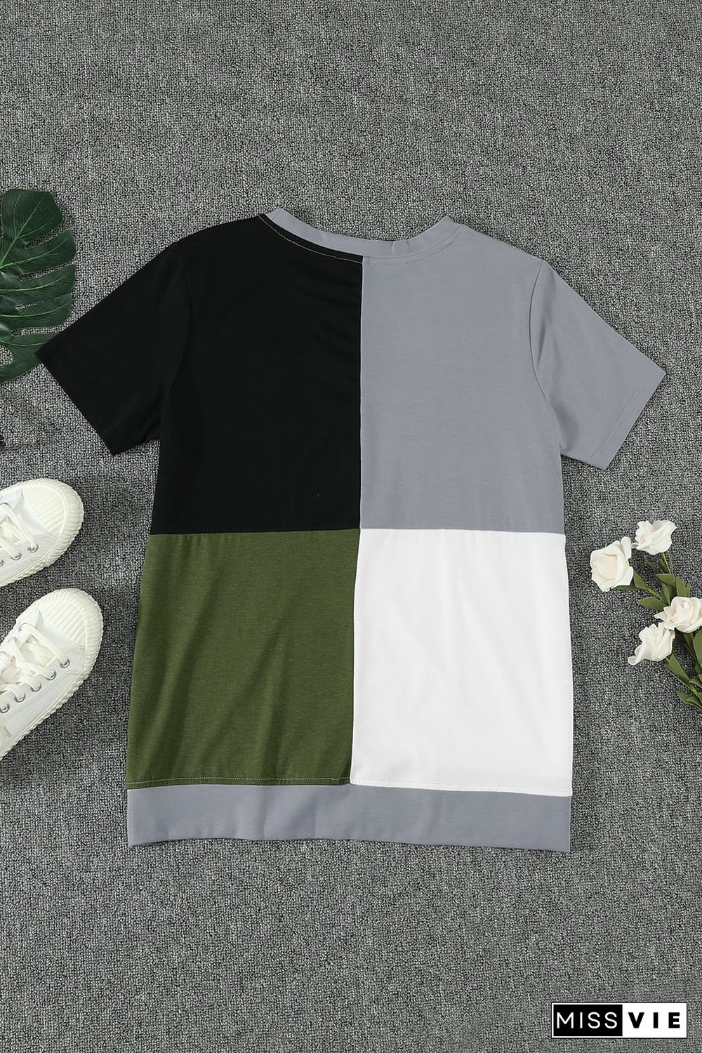 Army Green Colorblock T-shirt with Slits