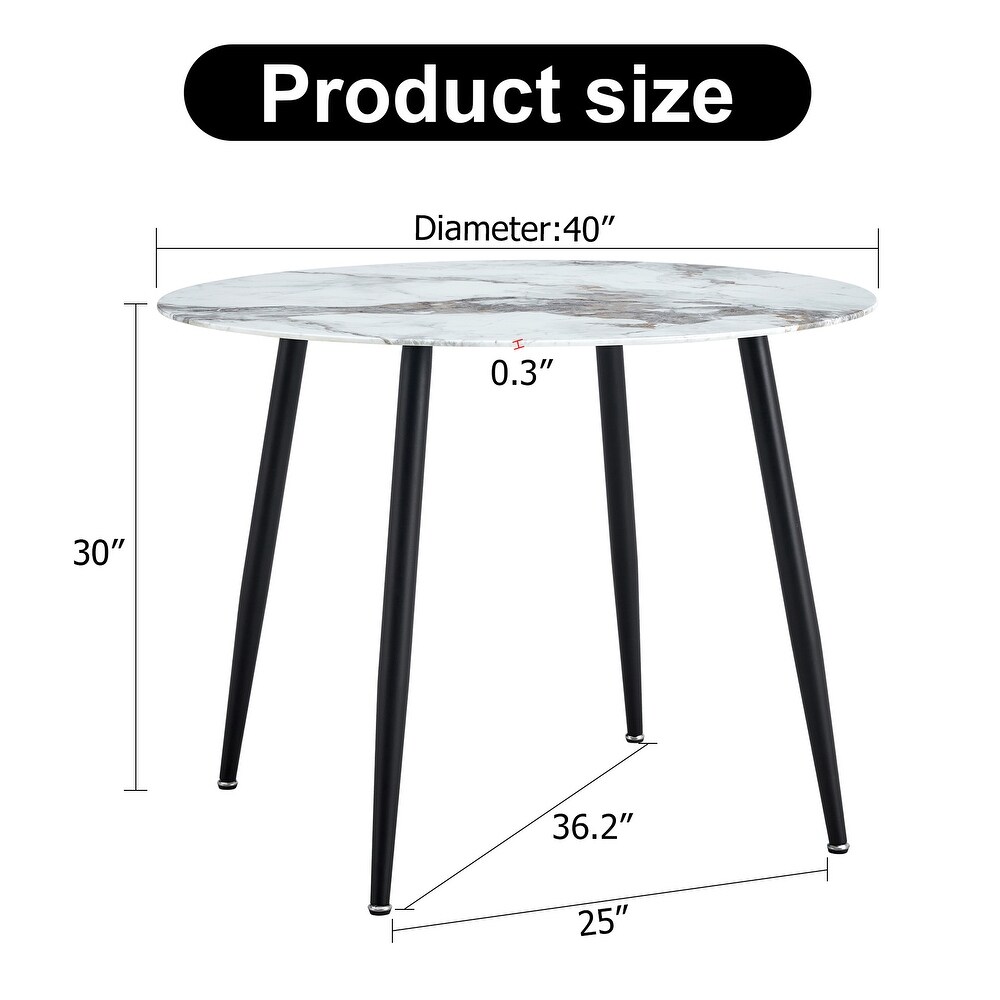 A modern circular dining table with a 0.3 inch thick white imitation marble pattern tabletop and black metal legs