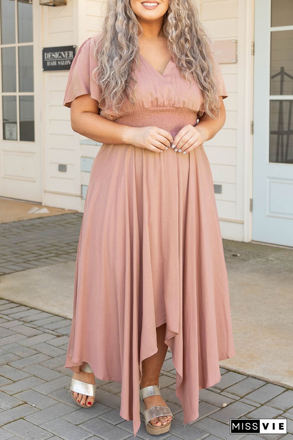 Pink Wrap V Neck Plus Size Handkerchief Dress