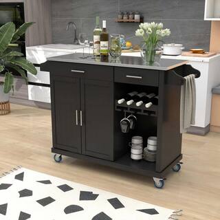 Black Kitchen Island on Wheels with 2-Drawers and Goblet Holder BF1663C267