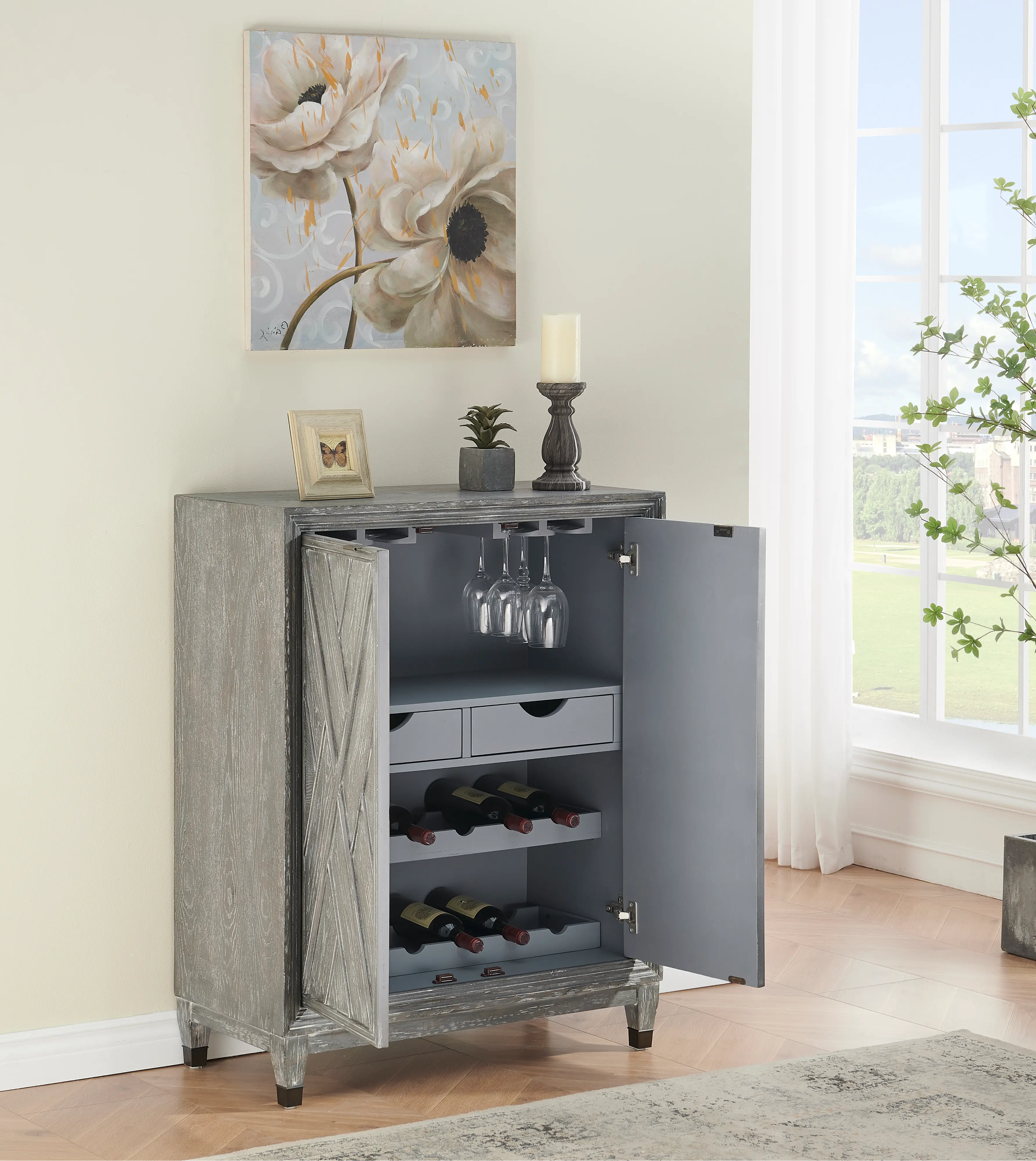 Distressed Gray Wine Cabinet