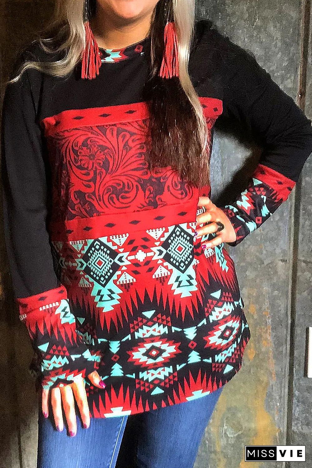 Crew Neck Aztec Print Splicing Long Sleeve Pullover Sweatshirt