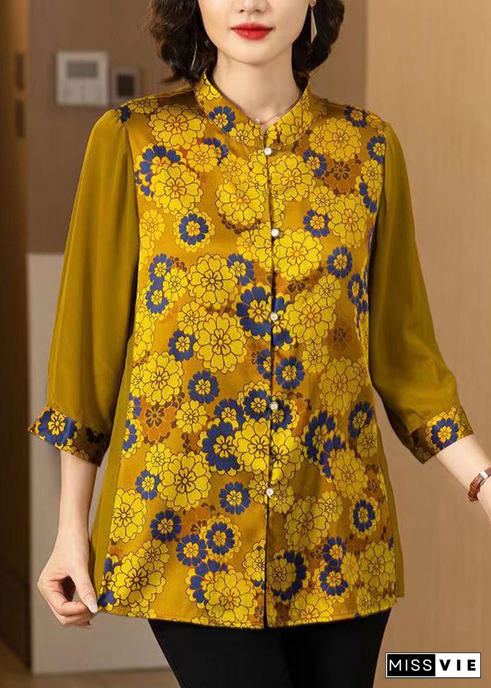 Women Yellow Print Button Patchwork Silk Shirt Bracelet Sleeve