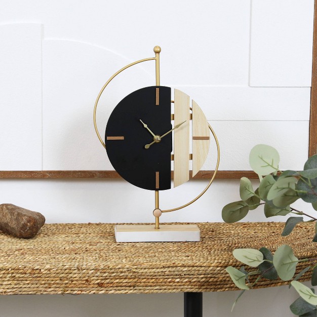 Wooden Geometric Two toned Clock With Wood Accents And Gold Semi circle Frame Black Cosmoliving By Cosmopolitan