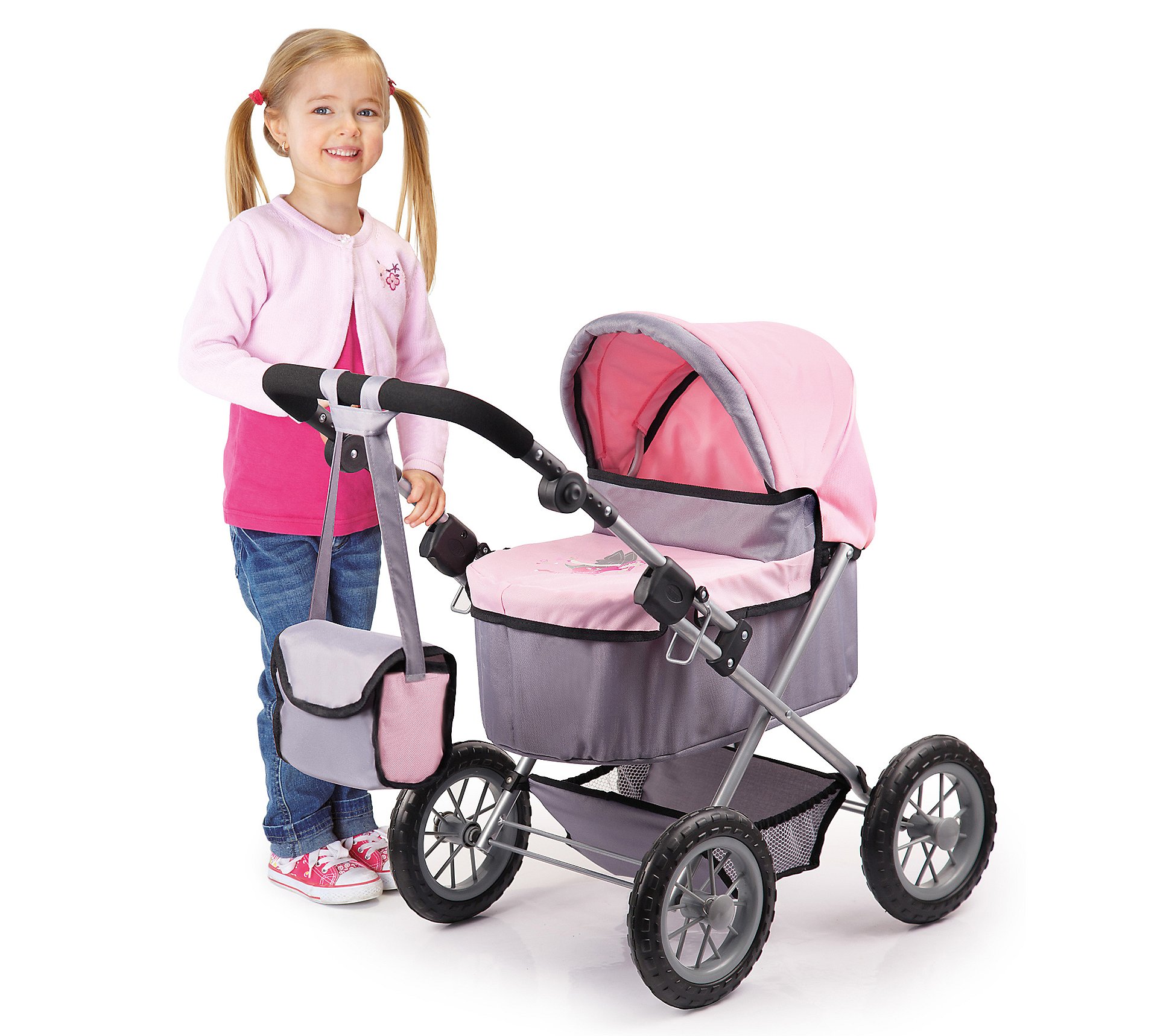 Trendy Pram Stroller For Toy Baby Dolls Grey Pi nk