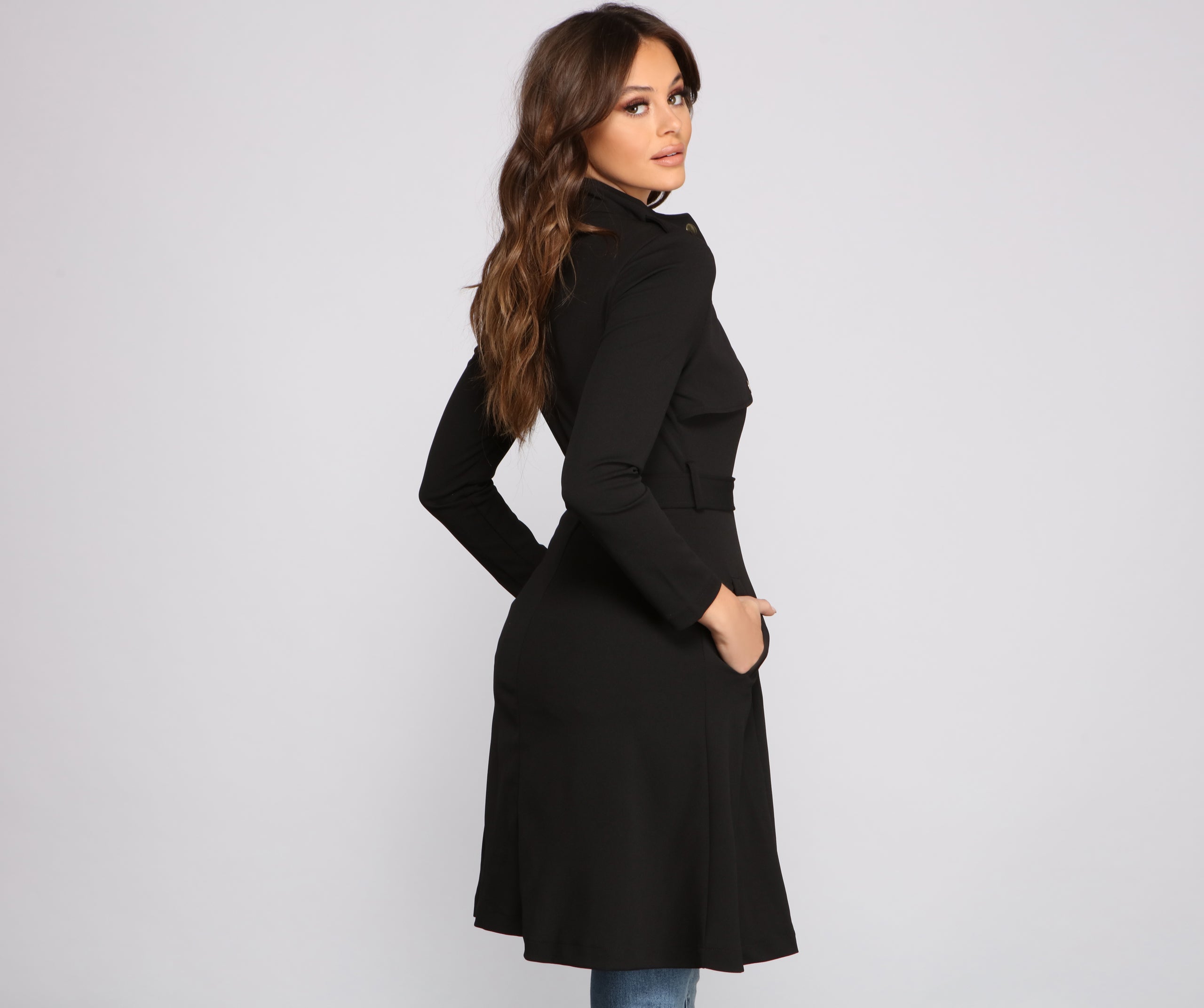 Belted Sophistication Crepe Trench Dress