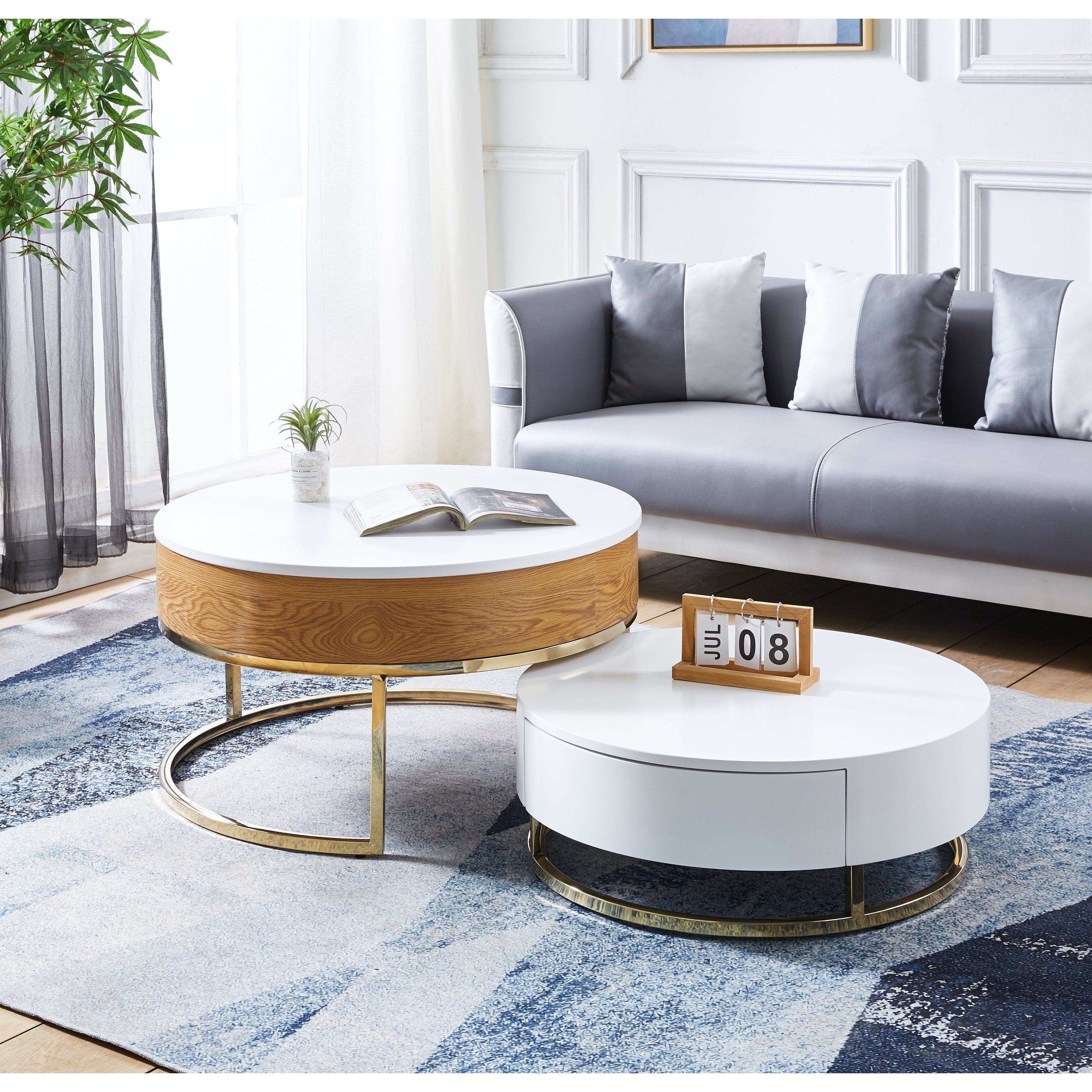 Modern Nesting MDF Coffee Table Set of 2， Round Sofa Table with White Lifting-top and Gold Finish Metal Base for Living Room