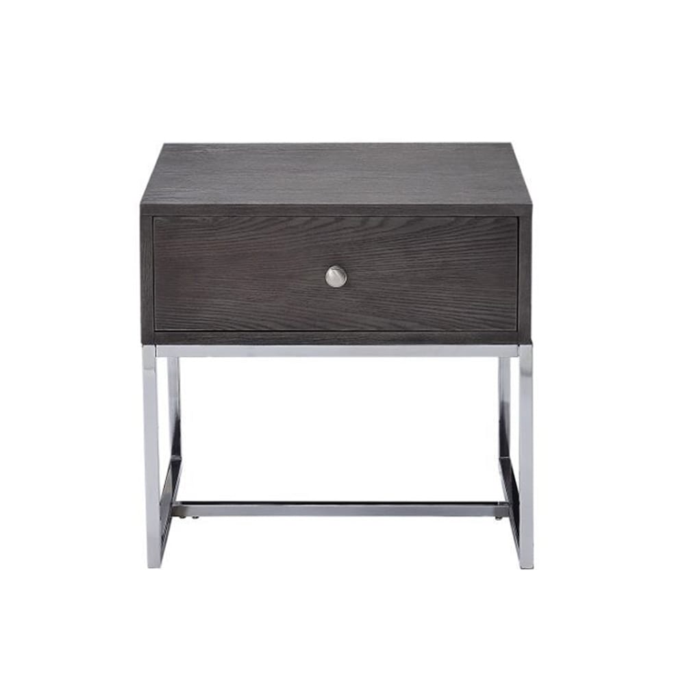 Wood End Table with a Drawer in Gray Oak and Chrome