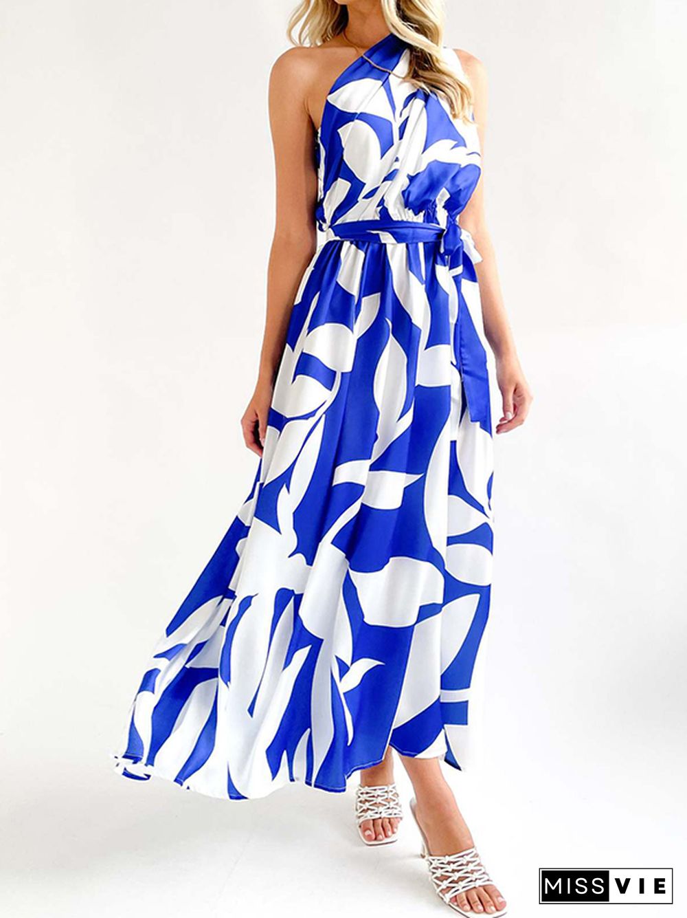 Loose Sleeveless Bandage Contrast Color Hollow Printed One-Shoulder Midi Dresses