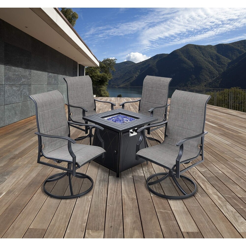 MFSTUDIO 5 Piece Outdoor Fire Pit Set  28 Inch Square Propane Gas Fire Pit Table with 4 Padded Textilene Fabric Swivel Chairs