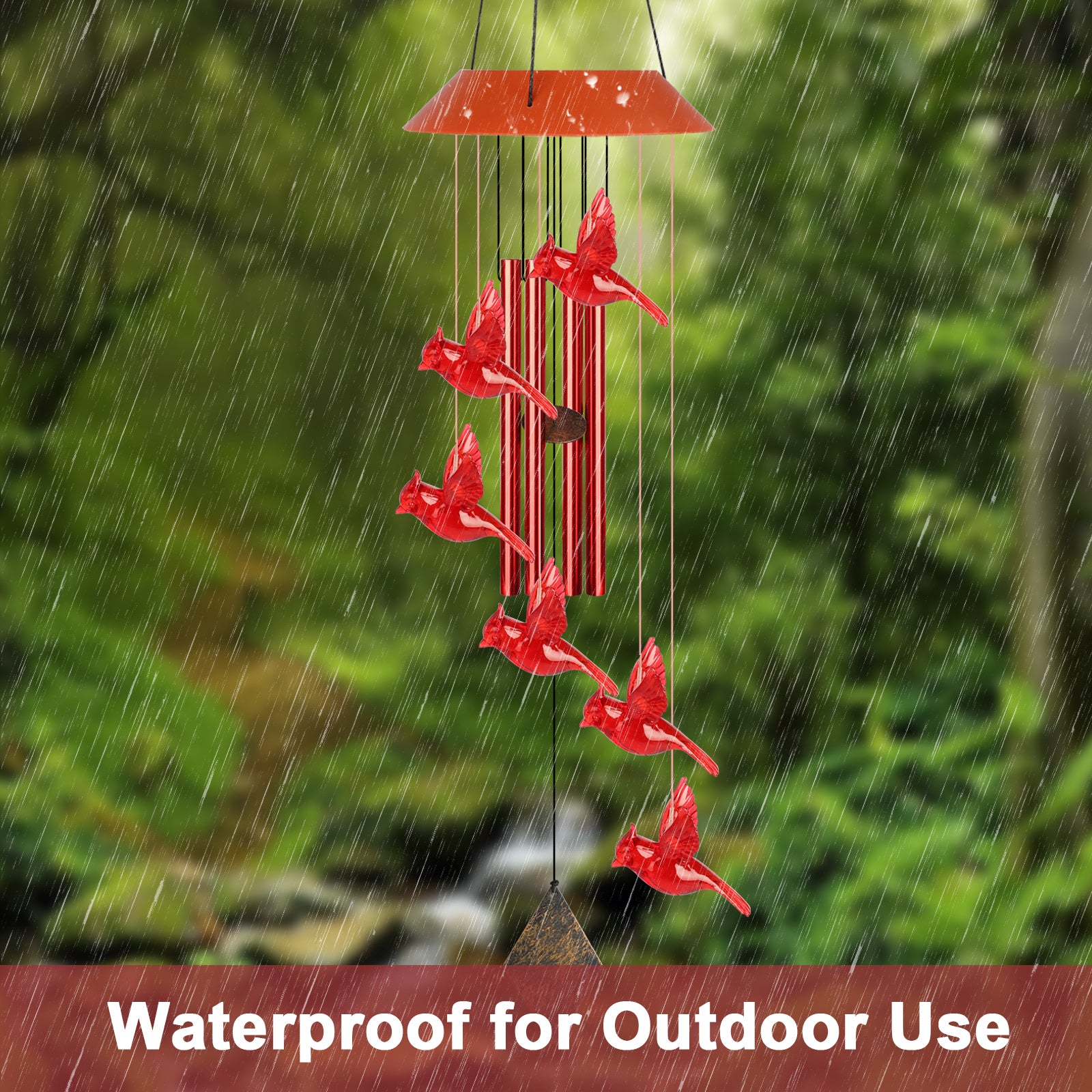 Cardinal Bird Solar Wind Chimes， TSV LED Red Tubes Wind Belles with S Hook for Outside， IP65 Water and Moisture-Proof for Patio Garden Home， Memorial Gift Decor