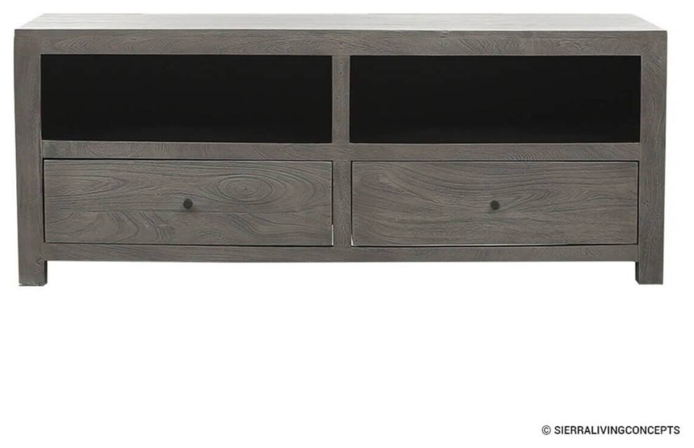 Tofino Rustic Solid Wood 2 Drawers Grey TV Bench Stand Media Cabinet   Transitional   Entertainment Centers And Tv Stands   by Sierra Living Concepts Inc  Houzz