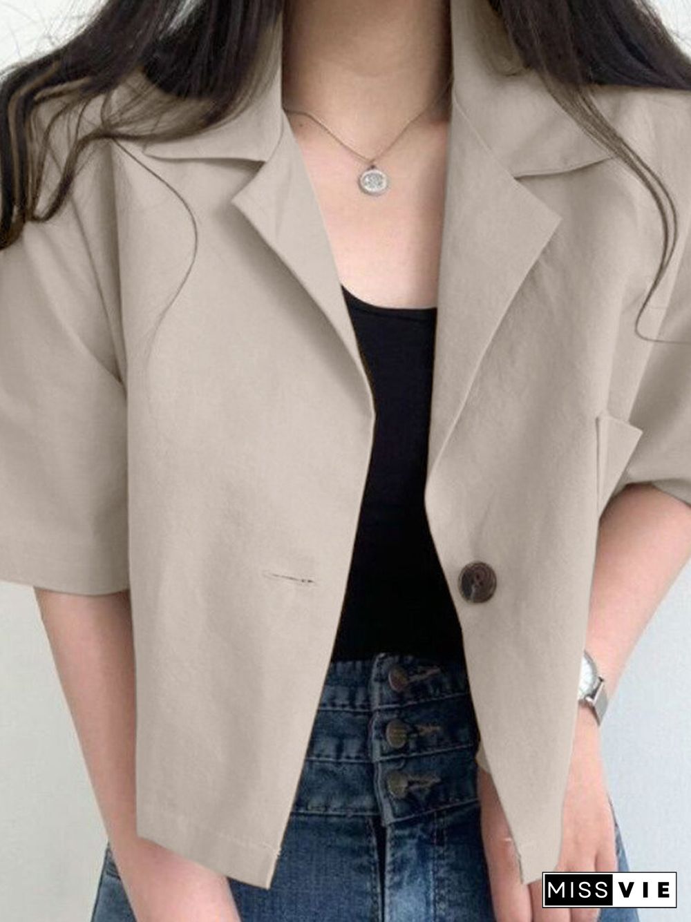 Solid Button Front Pocket Lapel Half Sleeve Casual Blazer