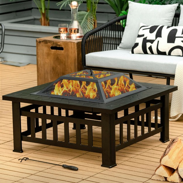 Costway 32 x27 x27 3 In 1 Outdoor Square Fire Pit Table W Bbq Grill Rain Cover For Camping