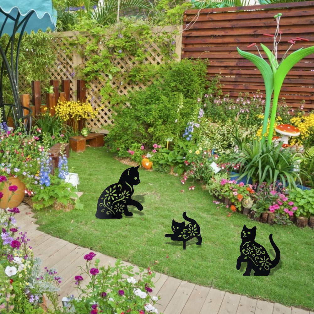 Miuline 3 Pack Black Cat Silhouette Garden Statues Decorative Outdoor Statues Animal Stakes for Yard Decor Lawn