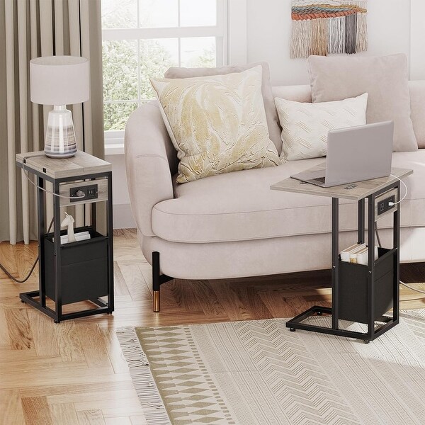 C Shaped Side Table with Charging Station，End Table，Greige and Black