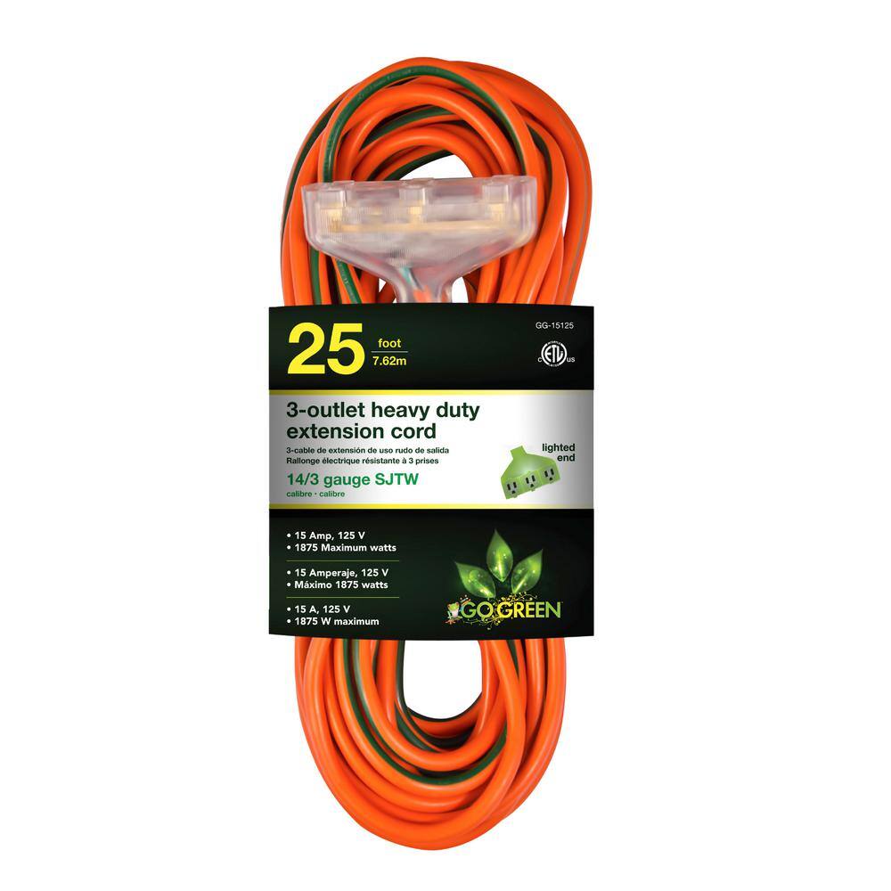 GoGreen Power 25 ft. 3-Outlet 143 Heavy Duty Extension Cord - Orange GG-15125