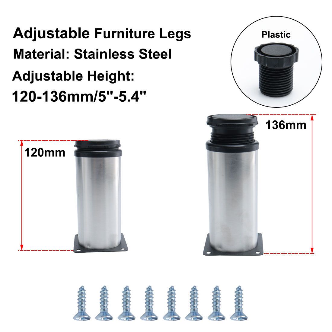 Furniture Legs Stainless Steel Sofa Bench Adjustable Feet Replacement 5pcs