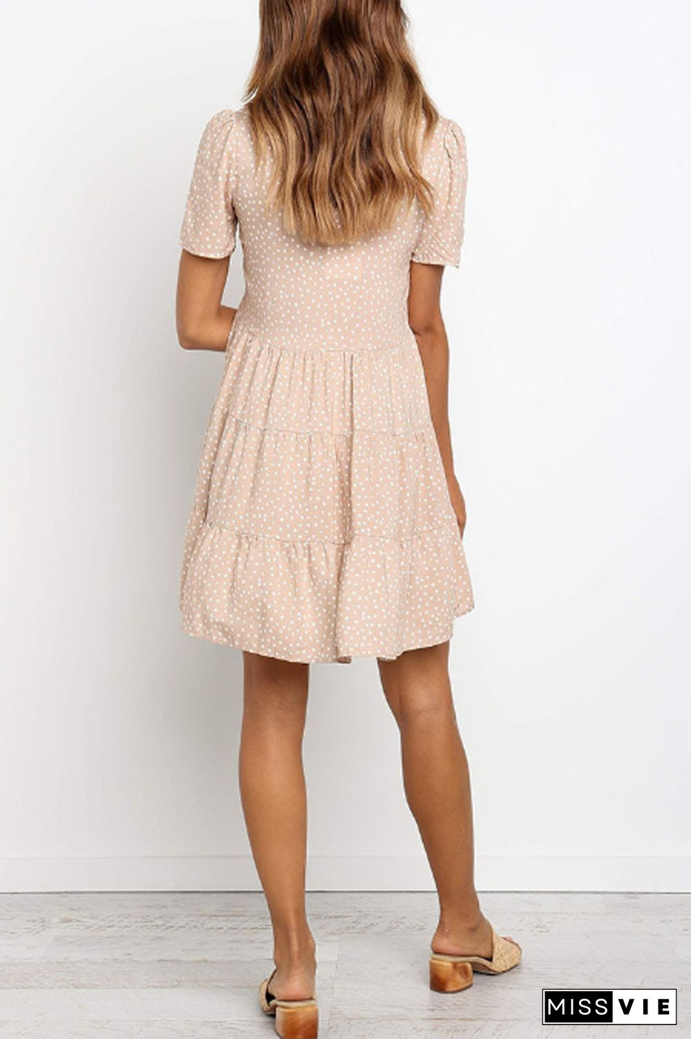 V-Neck Dot Print Short Sleeve Dress