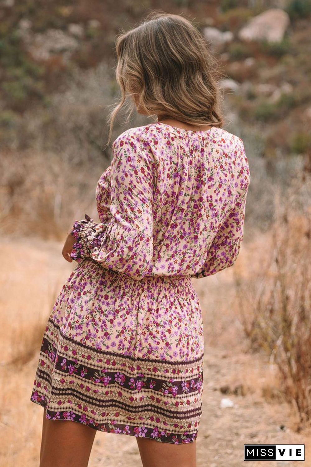 Pink Split V Neck Boho Floral Dress