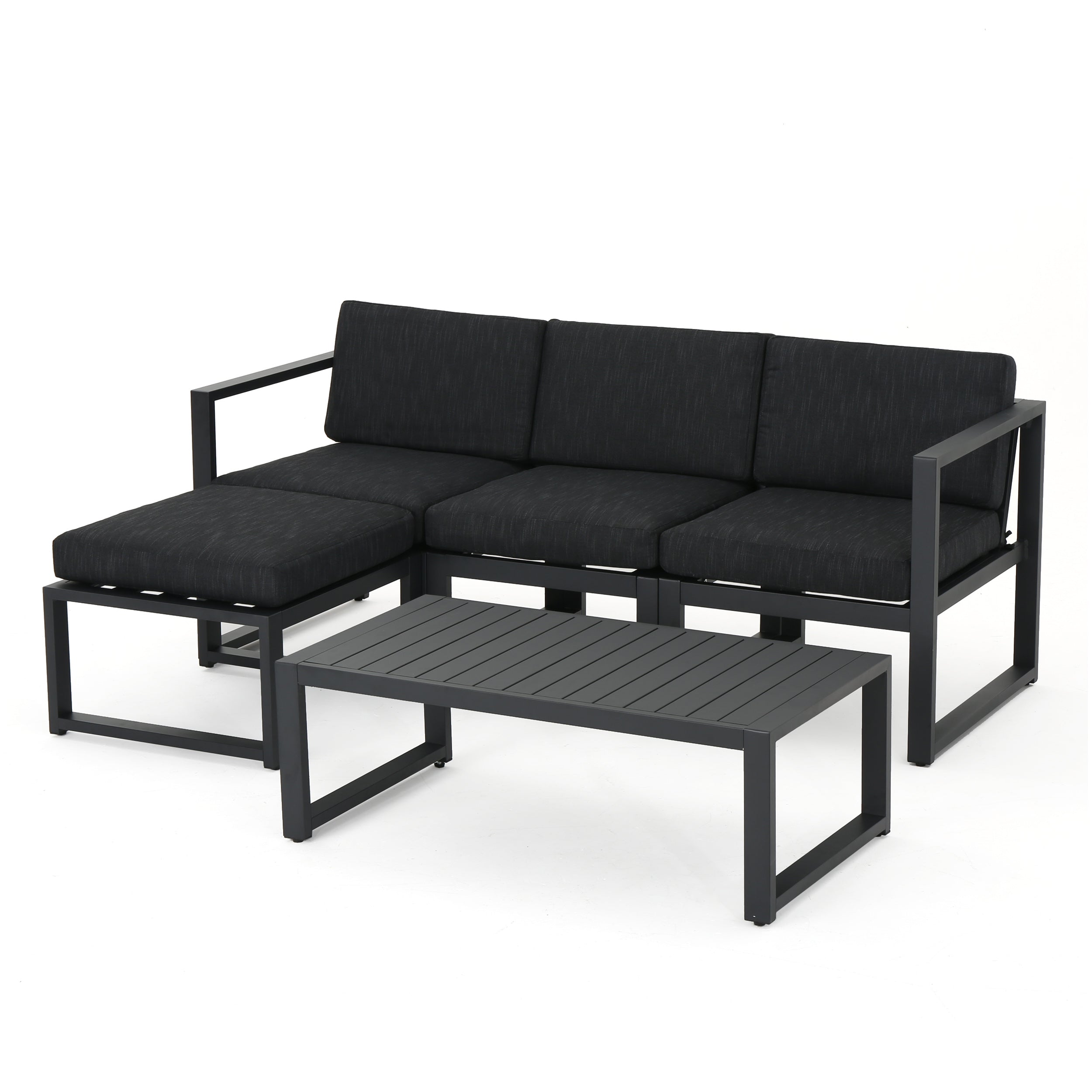 Nealie Modern Outdoor Dark Gray Aluminum Sectional Sofa Set with Black Cushions