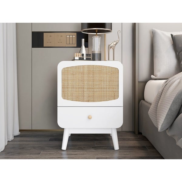 White Nightstand， Bedside Table with Storage Drawe Rattan Door