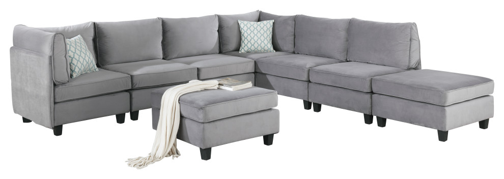 Zelmira Gray Velvet 8 Piece Modular Sectional Sofa  Corner Couch With Ottoman   Transitional   Sectional Sofas   by Lilola Home  Houzz