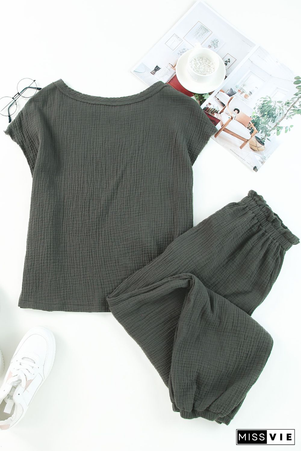 Gray Crinkled Texture Tee and Jogger Pants Set