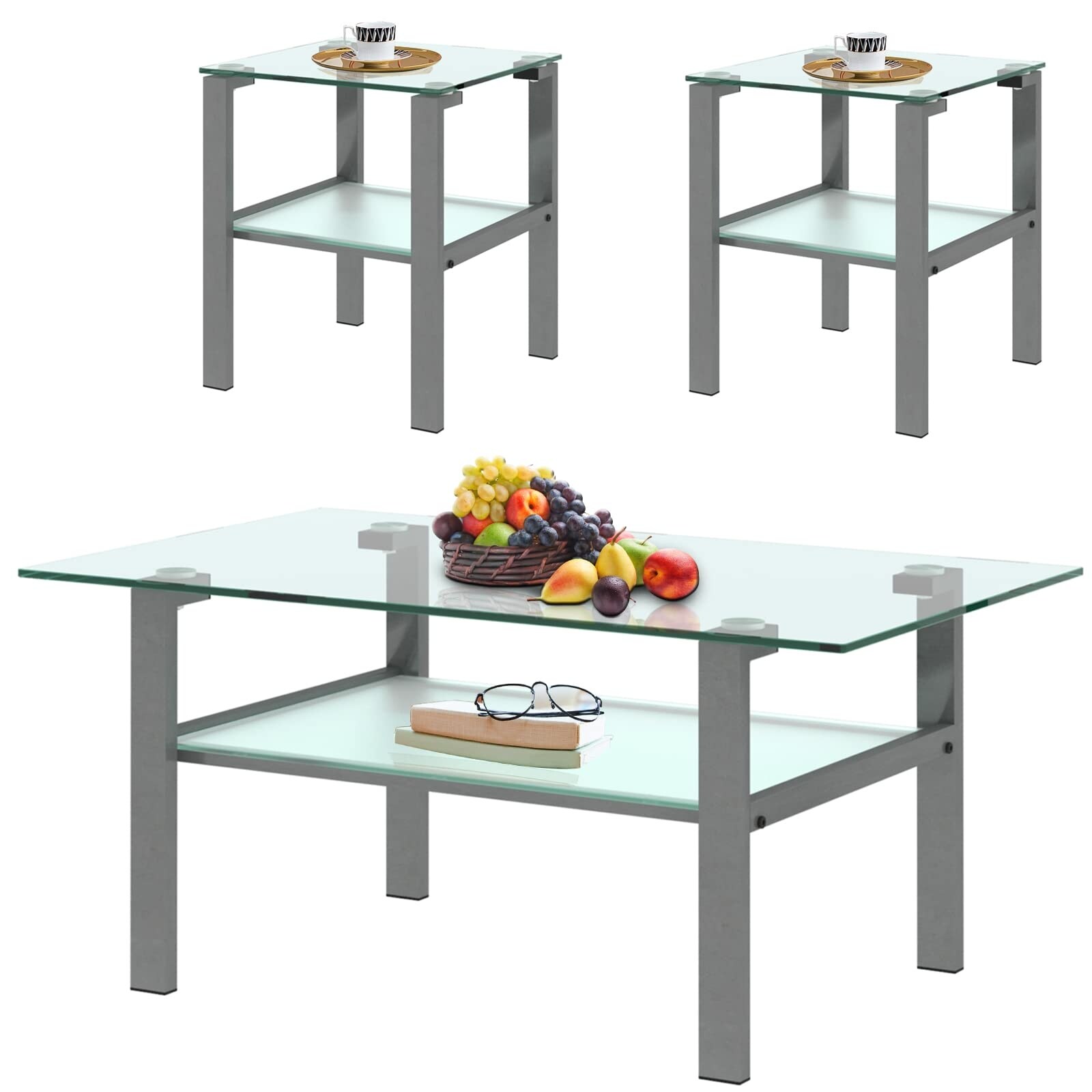 Glass Coffee Table and End Table Sets of 3 for Living Room， Clear Tempered Glass and Gray Metal Leg， - as picture